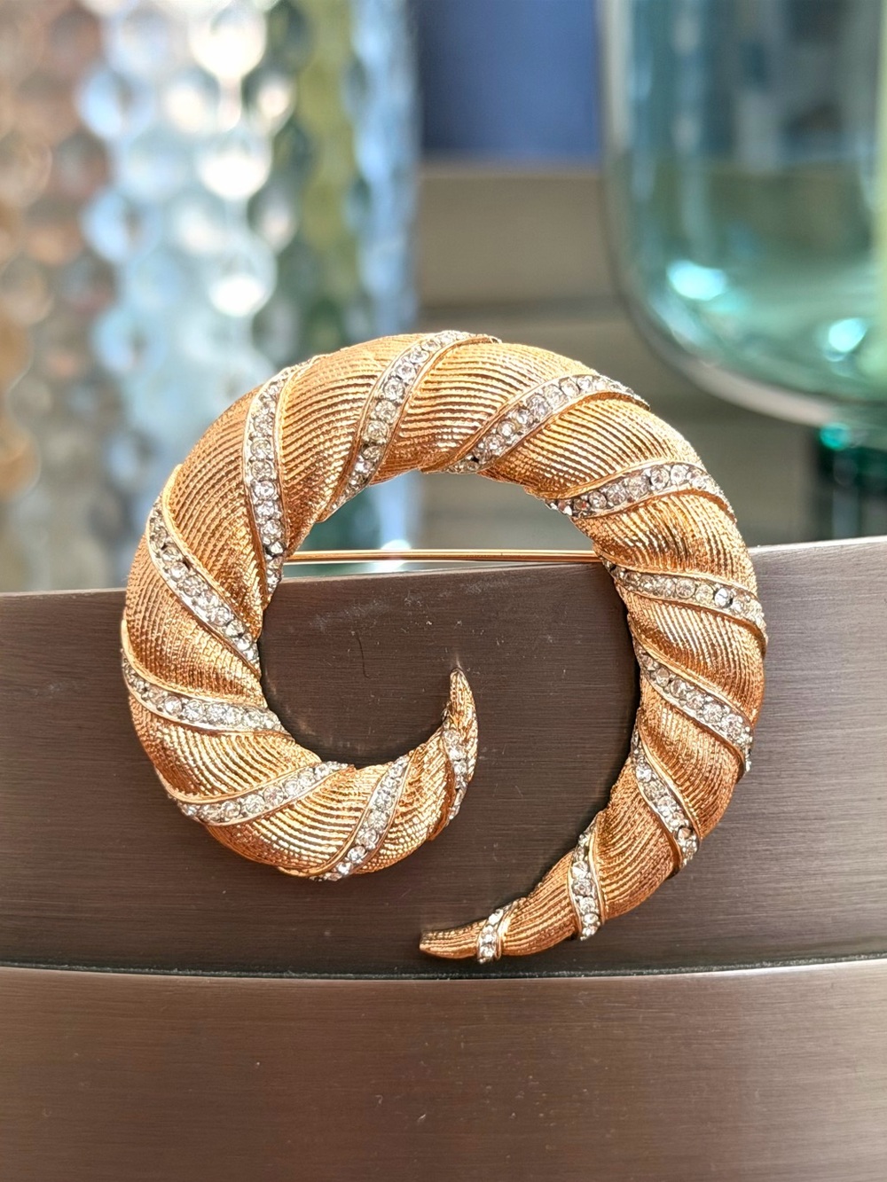 Vintage Gold Tone Crescent Rhinestone Brooch Spiral Statement Pin 2”